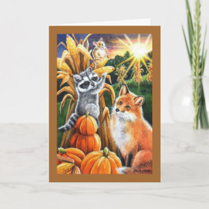 Carte Moisson d'automne Corn Red Fox Raccoon Aquarelle A