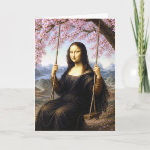 Carte Mona Lisa d'anniversaire sur une balançoire sous l