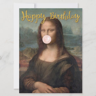 Carte Mona Lisa soufflant du chewing-gum rose 