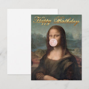 Carte Mona Lisa soufflant du chewing-gum rose bulles 