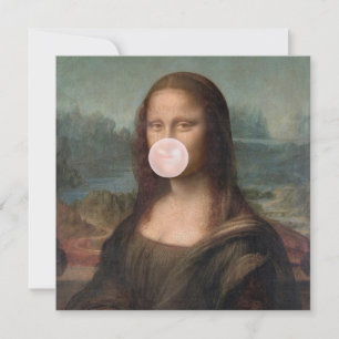 Carte Mona Lisa soufflant un bubble gum rose 