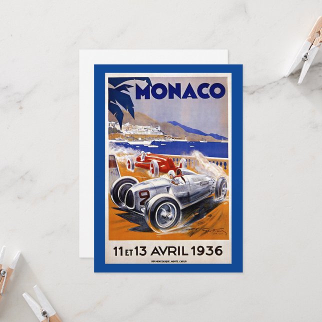 Carte Monégasque affiche de voyage, 1936 course automobi (Devant/Arrière en situation)