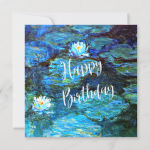 Carte Monet - Lys d'eau (bleu) avec voeux d'anniversaire