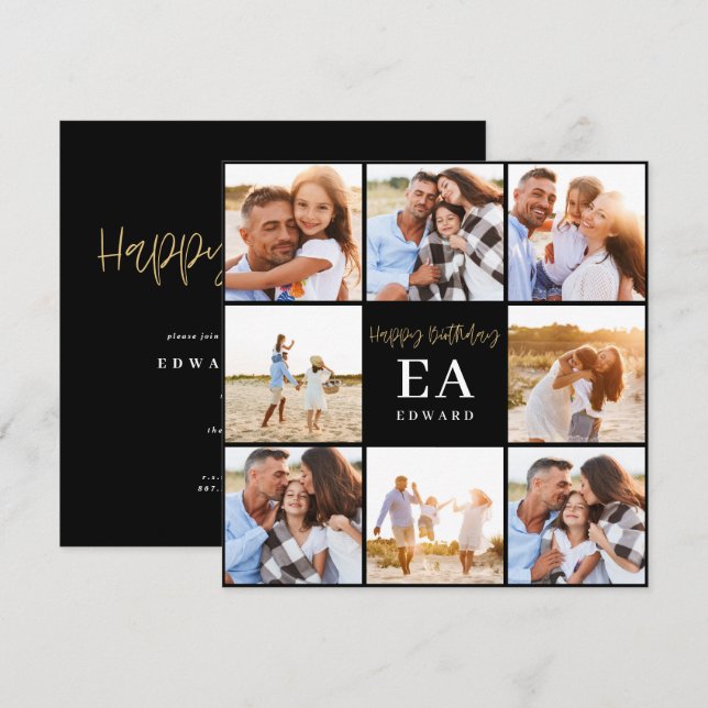Carte monogramme anniversaire noir et or multi photo (Devant / Derrière)