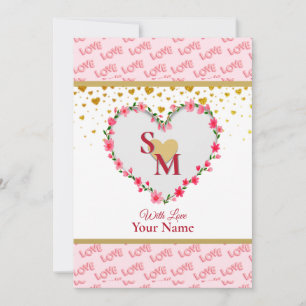 Carte Monogramme Calligraphique Cœurs Amour Or Romantiqu