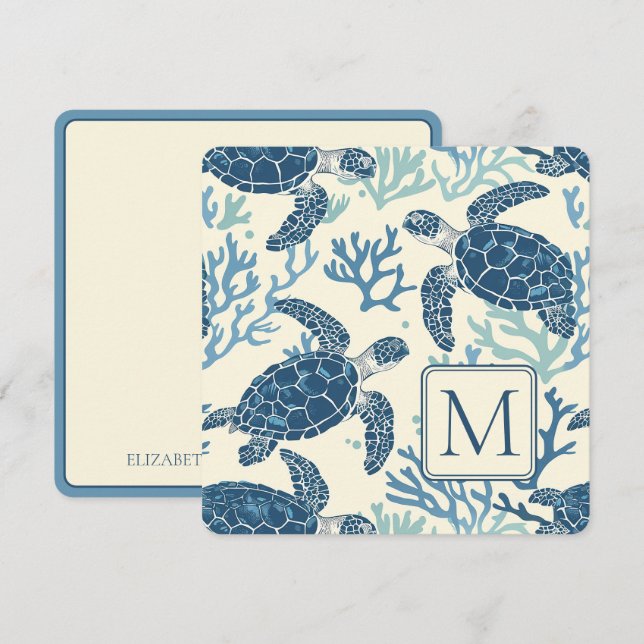 Carte Monogramme de tortues marines bleues et crémeuses (Devant / Derrière)
