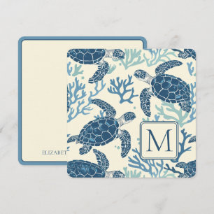 Carte Monogramme de tortues marines bleues et crémeuses