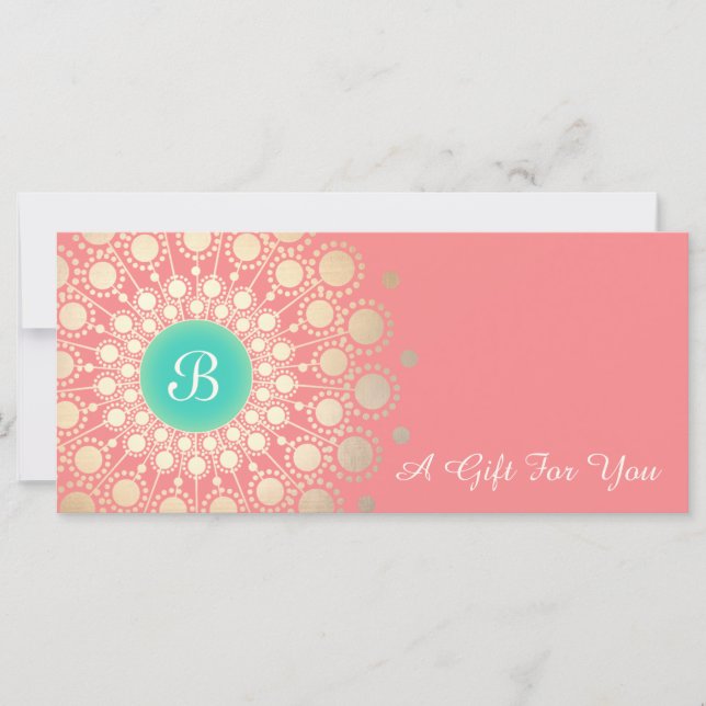 Carte Monogramme d'or Mandala Coral rose Certificat cade (Devant)