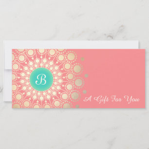 Carte Monogramme d'or Mandala Coral rose Certificat cade