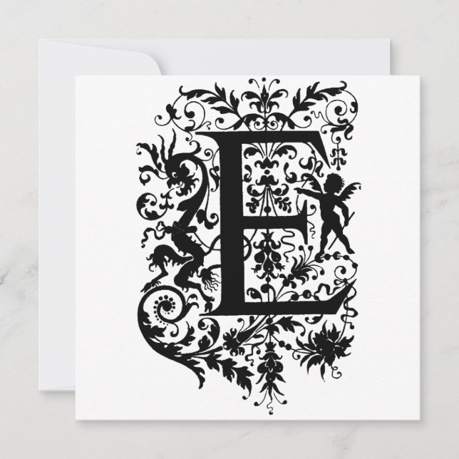 Carte Monogramme E Motif initial noir et blanc cupide (Devant)