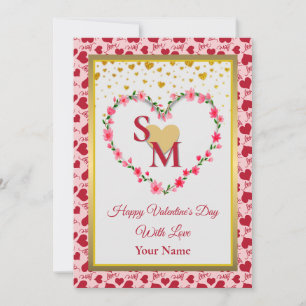 Carte Monogramme floral Saint-Valentin avec cœur en or