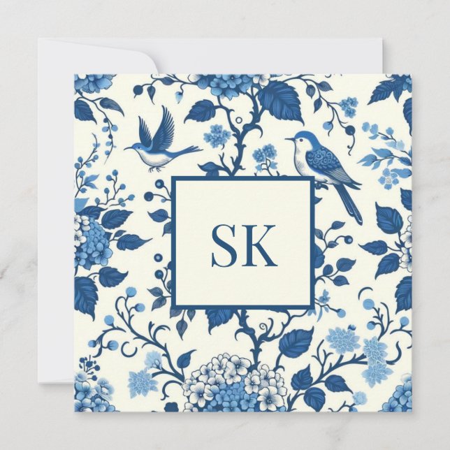 Carte Monogramme personnalisé Chinoiserie Bleu et blanc (Devant)