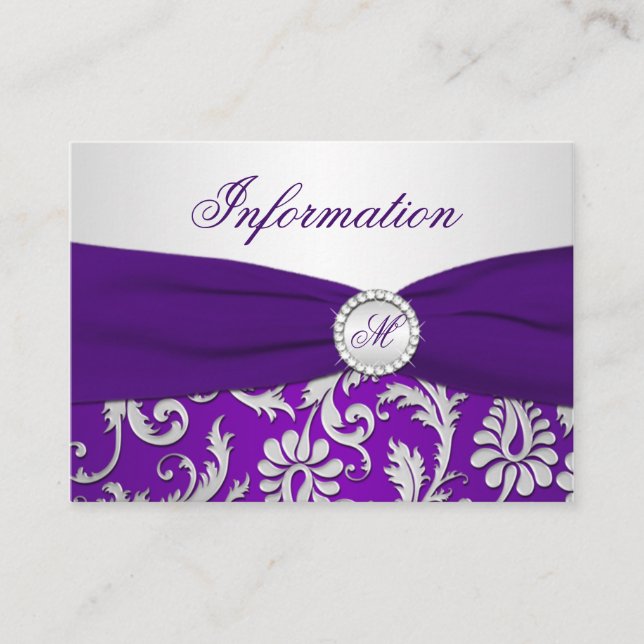 Carte Monogramme Purple et Argent Damask Info (Devant)