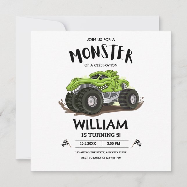 Carte Monster Truck Anniversaire Invitation, Garçons Ann (Devant)