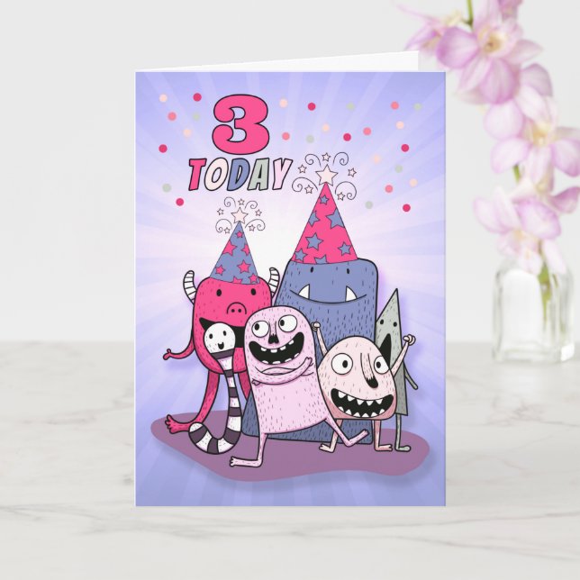 Carte Monstres de caricature rose et violet du 3e annive (Orchidée)