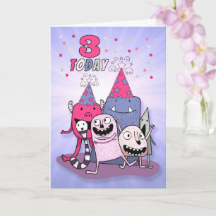 Carte Monstres de caricature rose et violet du 3e annive