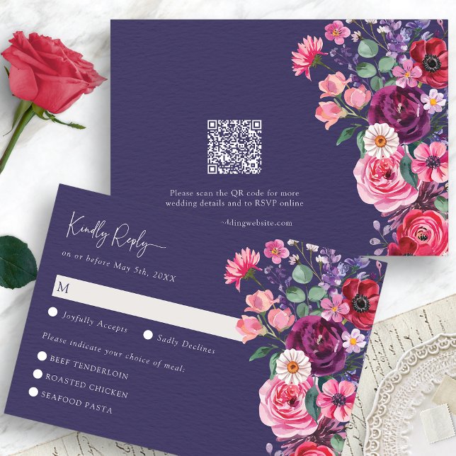Carte Moody Floral RSVP (Moody Navy Blue Watercolor Floral RSVP Card with QR Code by Painted Paperie
)