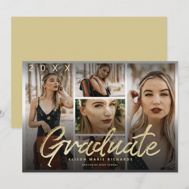 Carte Moody Overlay Gold Script Graduation Photos (Devant / Derrière)