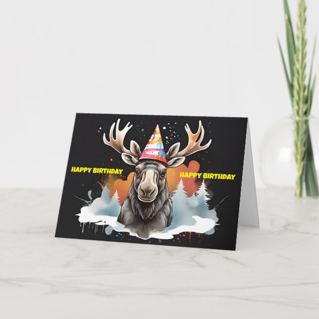 Carte Moose portant un casquette d'anniversaire (Devant)