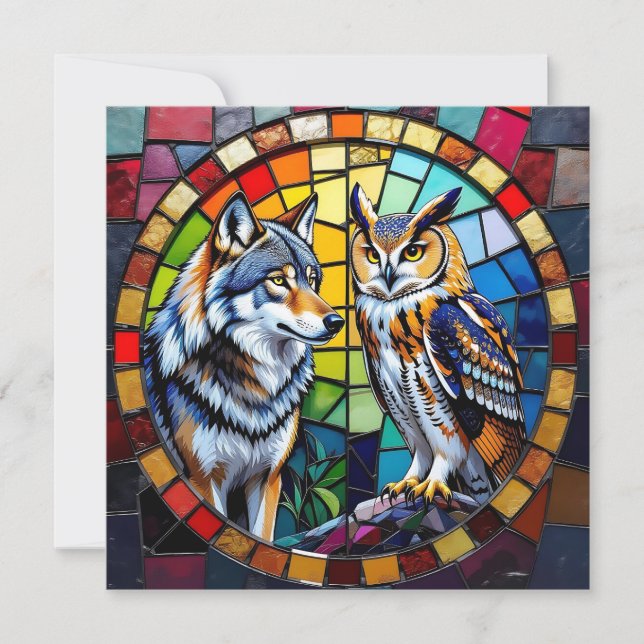 Carte Mosaic Wolf et Owl Art vibrant (Devant)