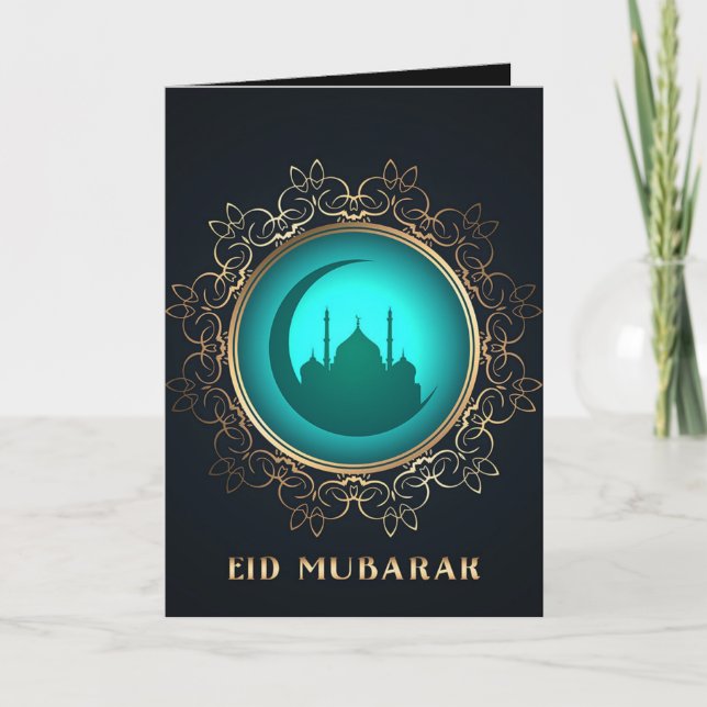 Carte Mosquée du croissant de l'Aïd Moubarak bleu doré n (Devant)