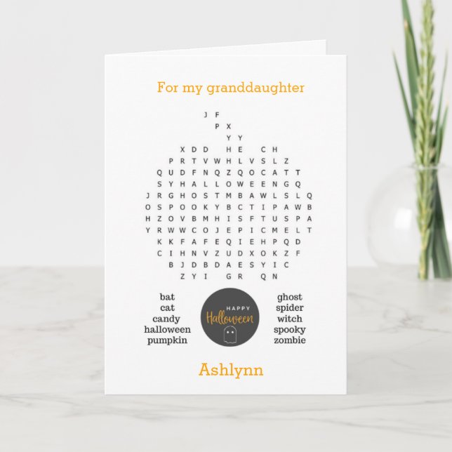 Carte Mot de citrouille Kid Recherche Halloween heureux (Devant)