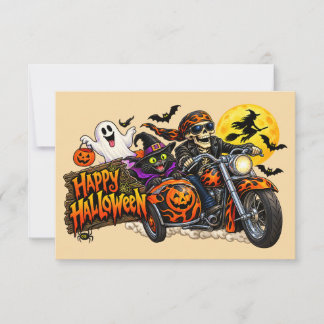 Carte Motard squelette de moto d'Halloween heureux et ef