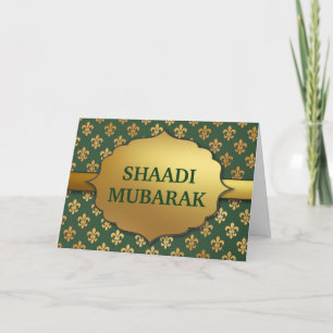 Carte Motif Élégant de Fleur-de-Lis Verte Shaadi Mubarak