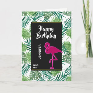 Carte Motif Feuille tropical et Flamant rose rose Annive