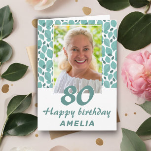 Carte Motif feuille turquoise 80e anniversaire Photo