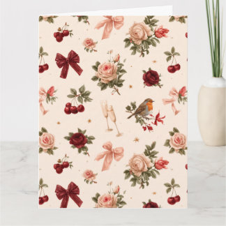 Carte Motif romantique avec roses, oiseau et champagne
