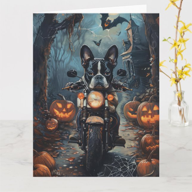 Carte Moto à cheval Boston Terrier Halloween effrayant (Fleur jaune)
