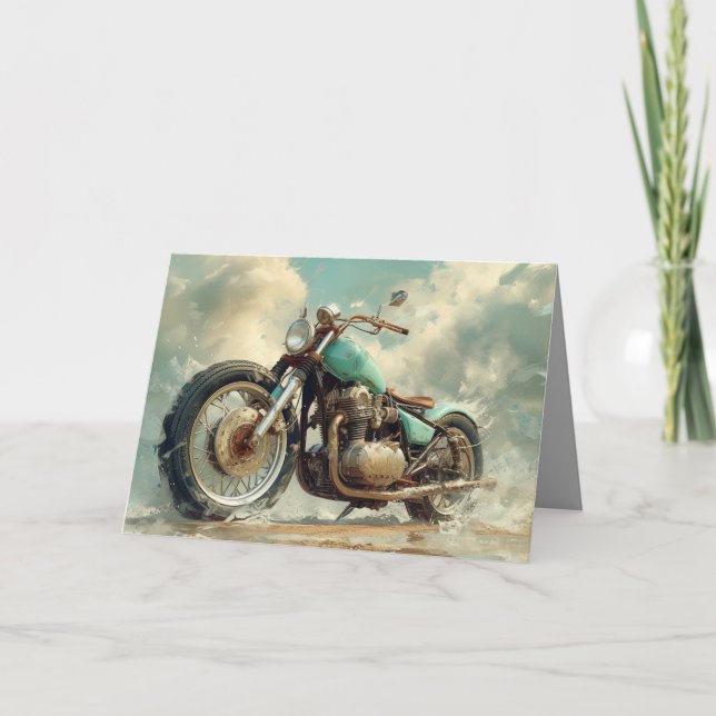 Carte moto Bobber verte - Arrière - plan de plage (Devant)