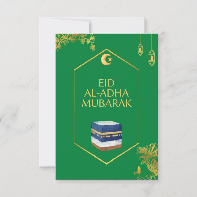Carte Moubarak de l'Aïd al-Adha en vert et Ka'bah (Devant)