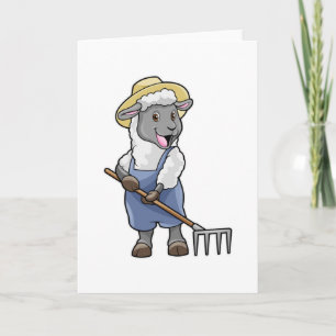 Carte Mouton en agriculteur avec râteau et chapeau
