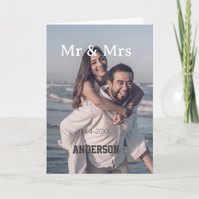 Carte Mr & Mrs add family name photo date wedding family (Devant)