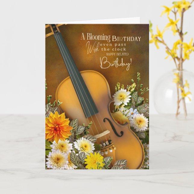 Carte Music Theme Belated Birthday Card – Violin (Fleur jaune)