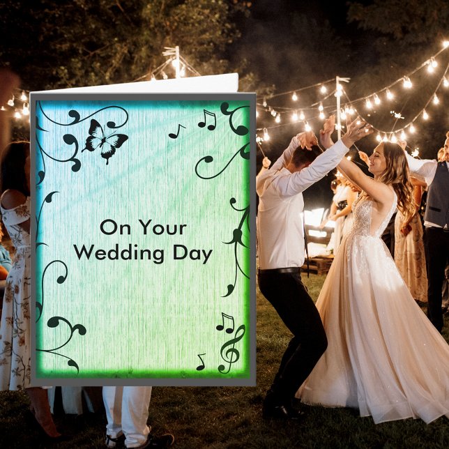 Carte Musique Papillon Feuille Vert Mariage de grain de  (Music Butterfly Leaves Green Wood Grain Wedding Card)