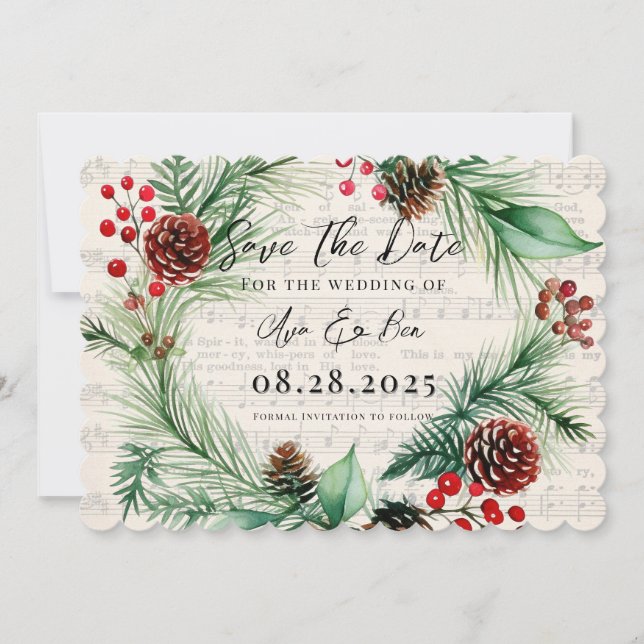 Carte Musique Rouge Berry Wreath Wedding Enregistrer La  (Devant)