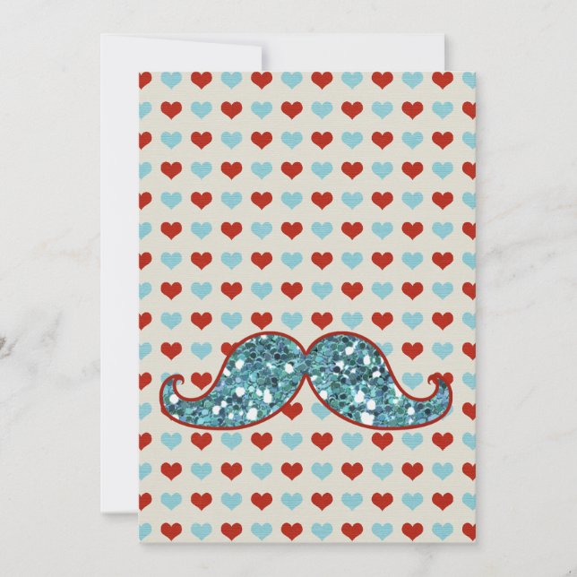 CARTE MUSTACHE BLEUE ET PARTIES SCINTILLANT COEURS ROUGE (Devant)