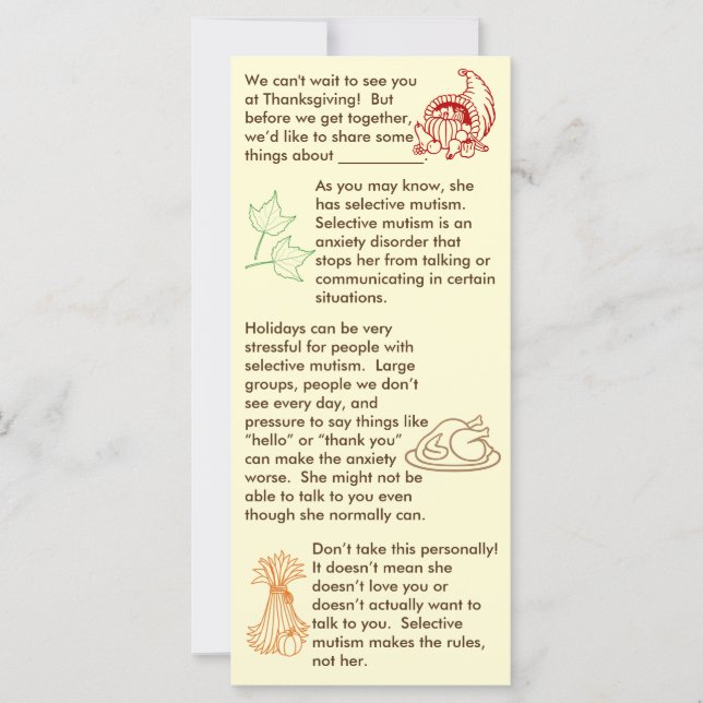 Carte Mutisme sélectif Thanksgiving Girl (Devant)