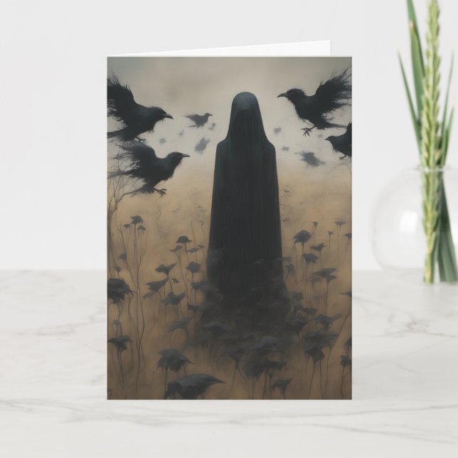 Carte Mystérieuse figure en noir avec corbeaux Halloween (Devant)