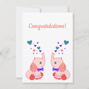 Carte Naissance de jumeaux, rose bébé éléphant félicitat