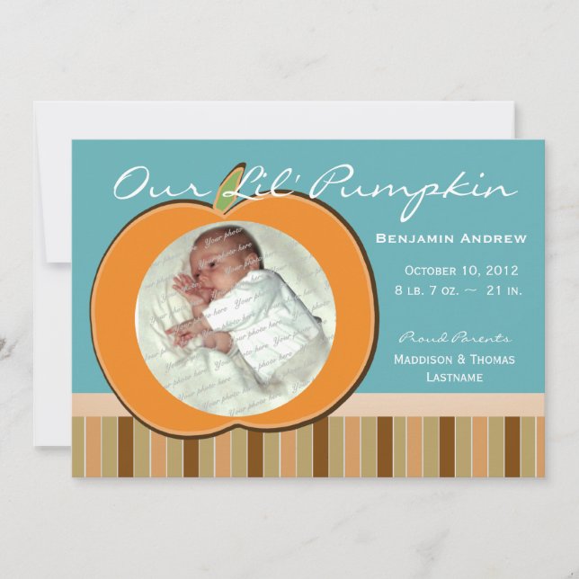 Carte Naissance du bébé citrouille avec stries et photo (Devant)