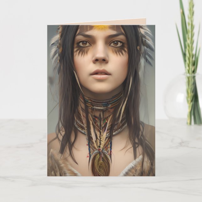CARTE NATIVE AMERICAN INDIAN GIRL ART ANNIVERSAIRE (Devant)