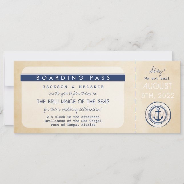 Carte Nautical Cruise Ship Boarding Pass Mariage Invitat (Devant)