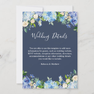 Carte Navy Blue Hydrangeas Floral Détails du Mariage 5x7
