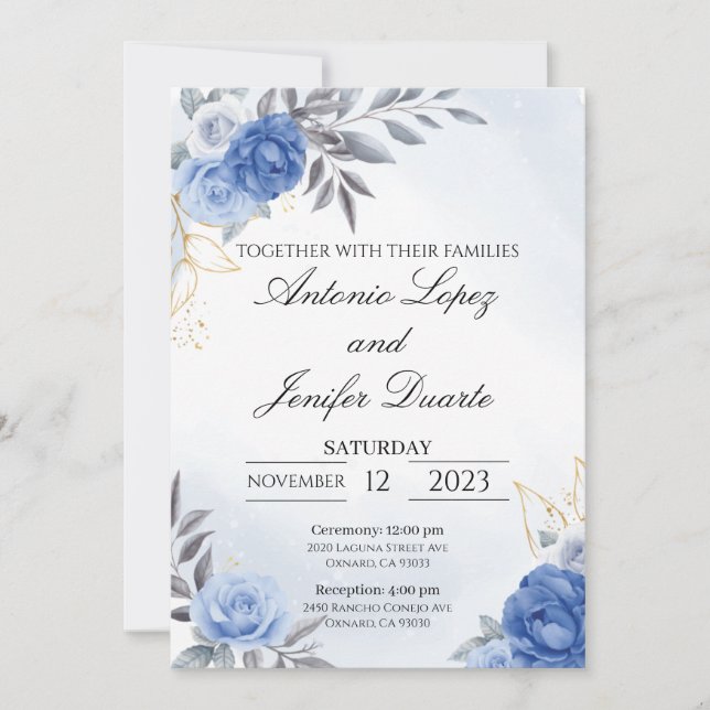 Carte Navy blue peony rose wedding invitation, boda (Devant)