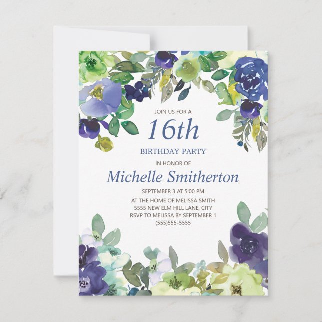 Carte Navy Blue Sage Green Floral 16e fête d'anniversair (Devant)