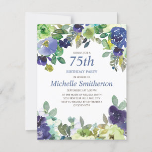 Carte Navy Blue Sage Green Floral 75e fête d'anniversair